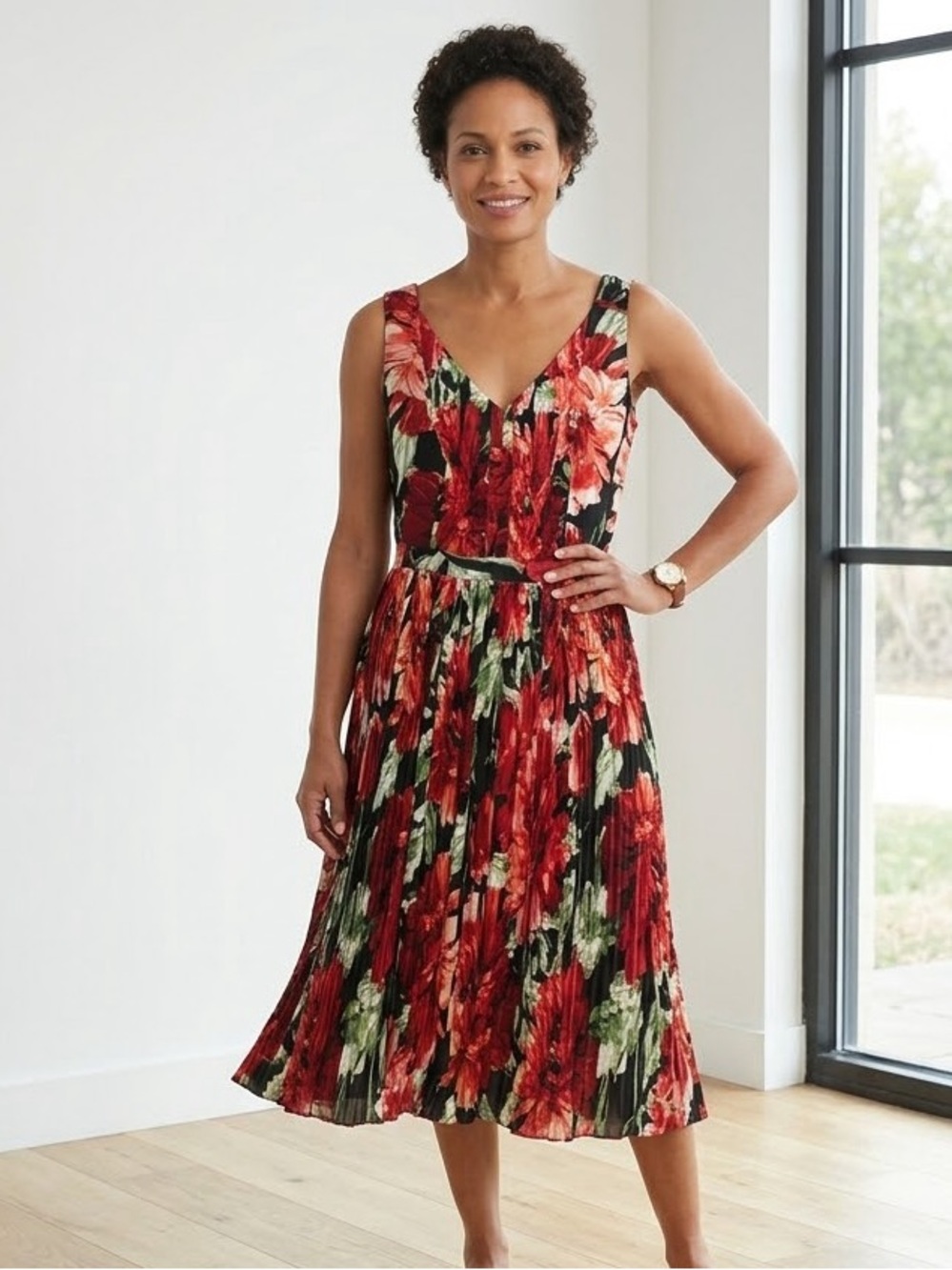 WHBM Red Black Floral Accordion Pleated Aline Dress Belted Romantic Party